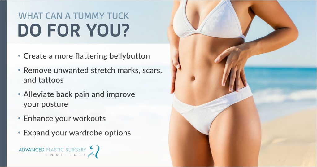 Infographic listing the 5 unexpected benefits of tummy tuck surgery in Gilbert, Arizona, at Advanced Plastic Surgery Institute.