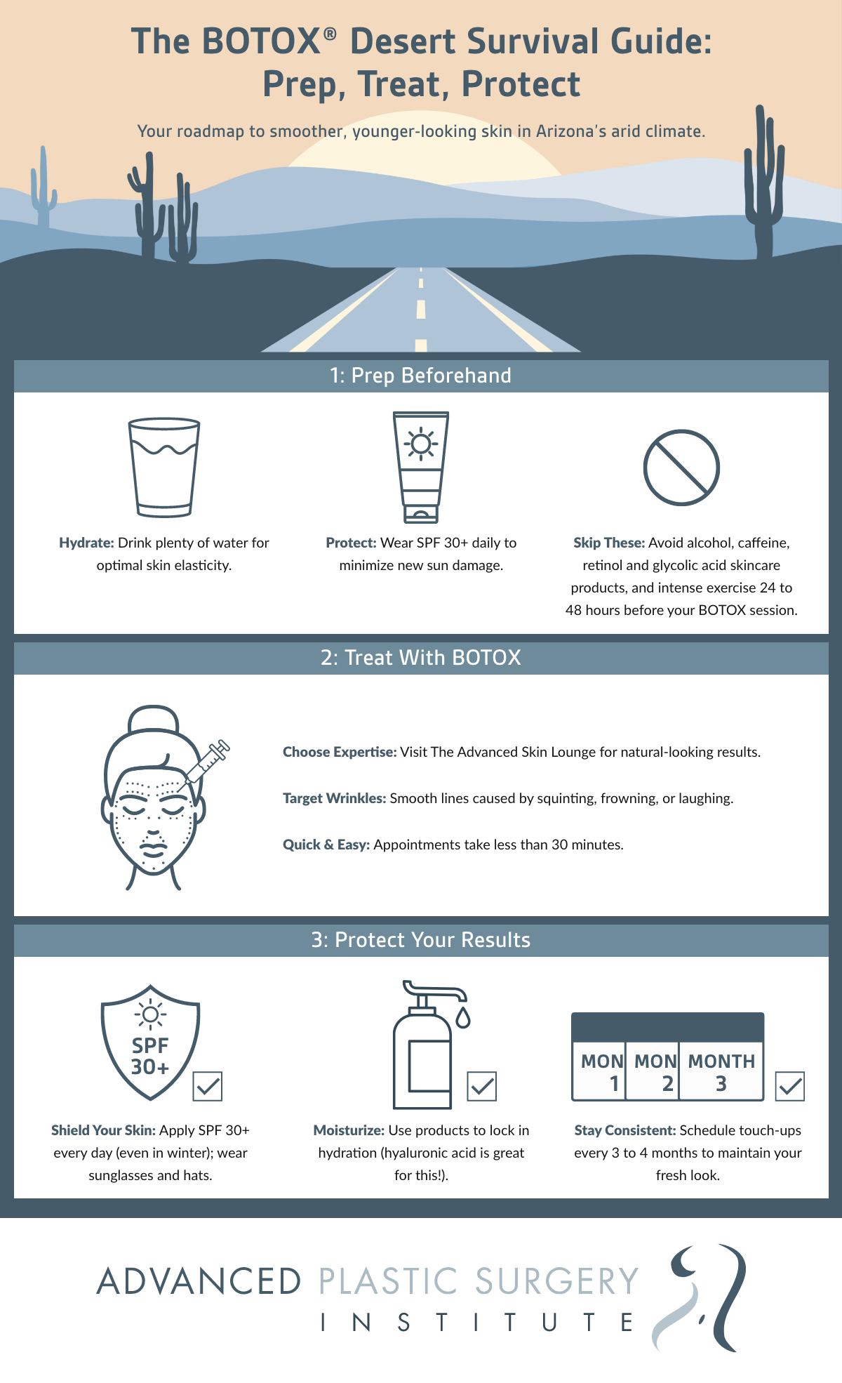 Infographic Title:
The Botox Desert Survival Guide: Prep, Treat, Protect